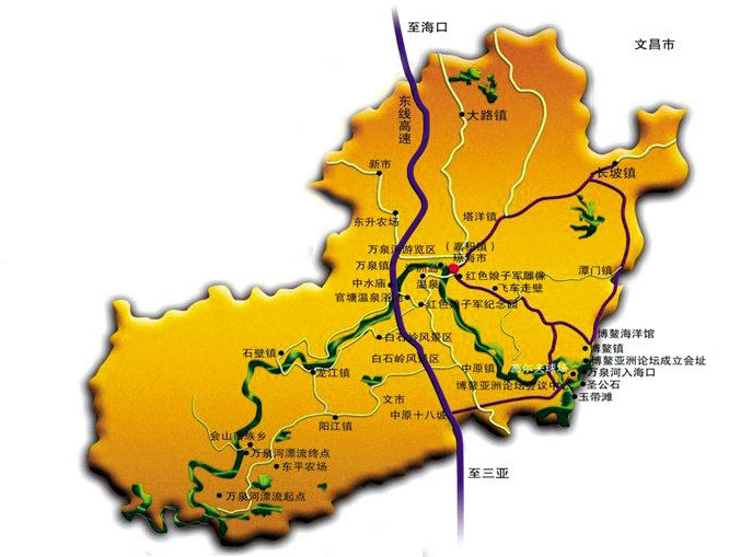 以琼海为例,两侧分别是东线环岛高速和海琼高速,北上海口南下三亚畅行