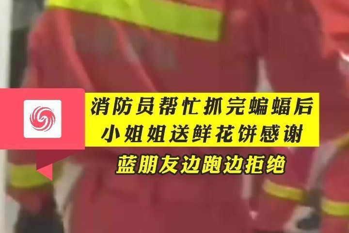 近日安徽合肥消防员帮忙抓完蝙蝠后小姐姐送鲜花饼感谢