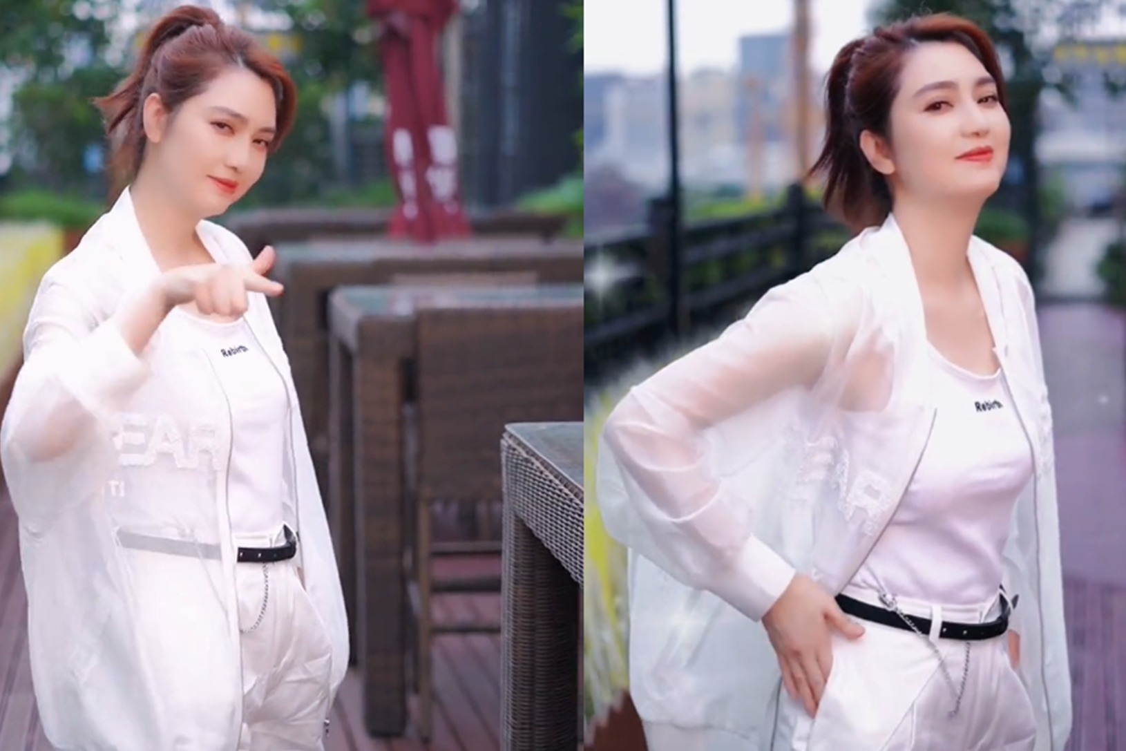 冻龄女神!50岁洪欣穿短裤扎马尾耍酷,双手插袋又美又飒