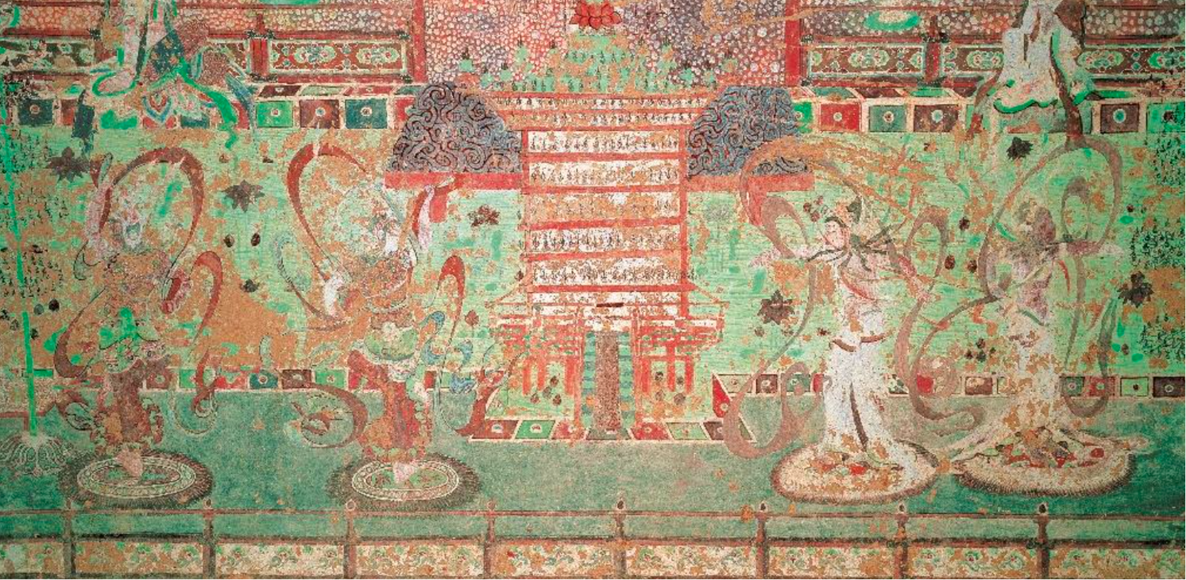 敦煌莫高窟220窟的壁画《东方药师经变画》中,药师七佛伫立的宝台下