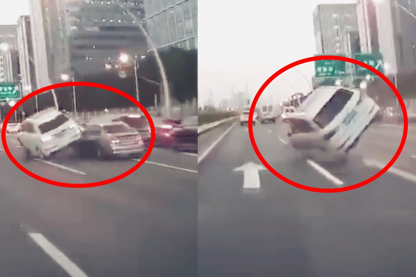 实拍：上海一轿车突然变道 奥迪越野车被撞飞 司机幸运逃过一劫！