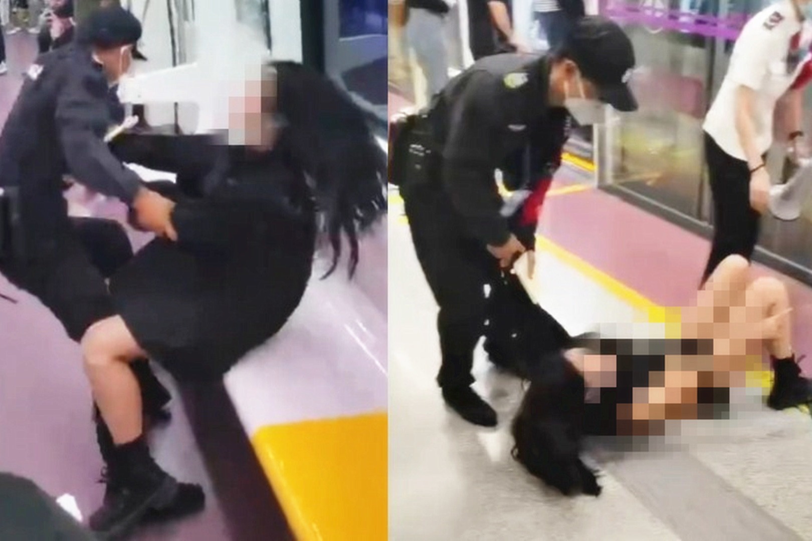 实拍：西安地铁一女子疑与人争执 被保安强行拖出车厢扯坏衣服！