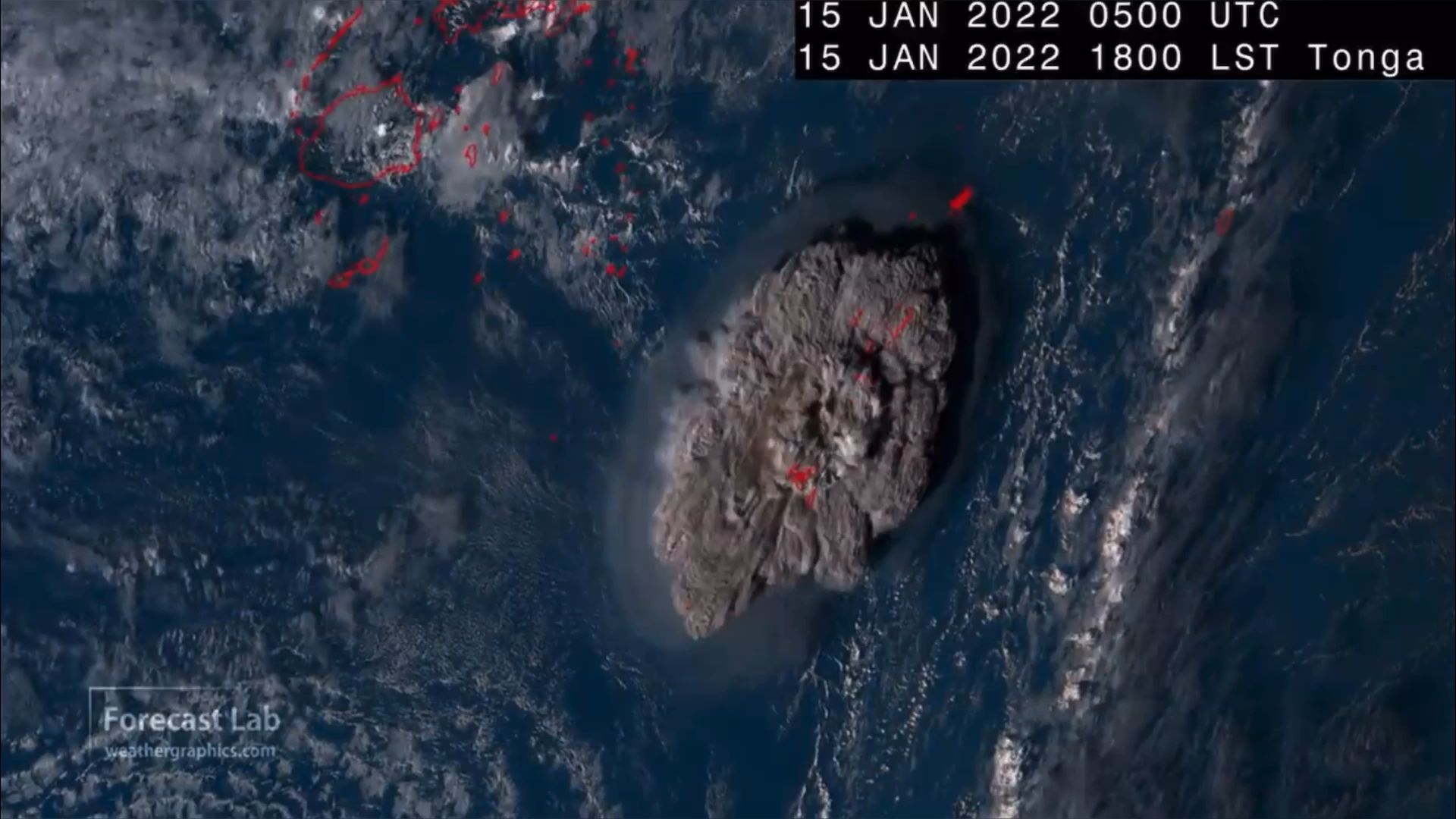 卫星实拍汤加火山爆发视频