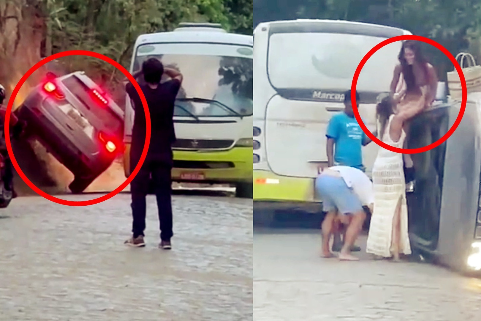 实拍：越野车司机“秀车技”不慎翻车 车内三女子爬车逃生！