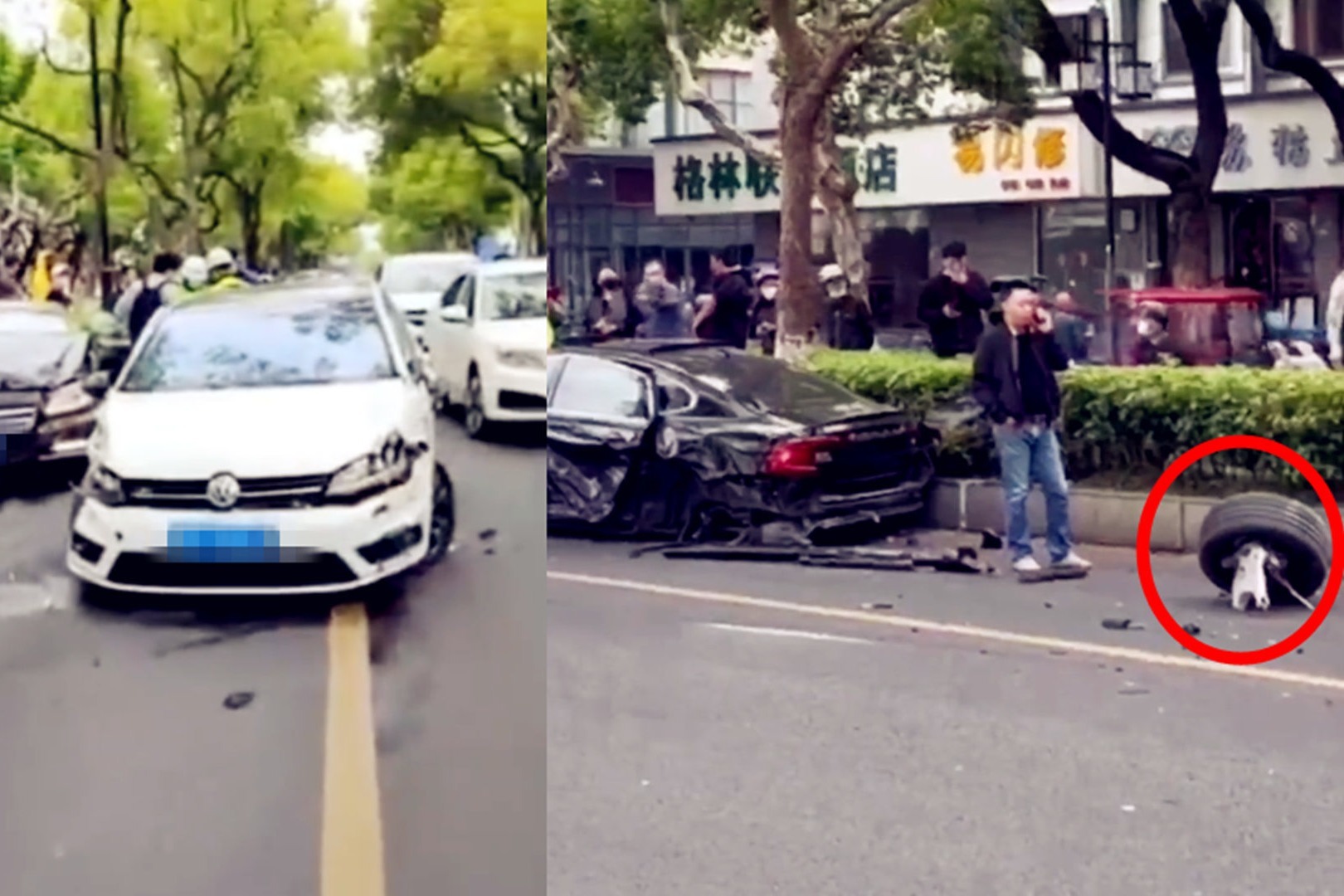 实拍：苏州一凯迪拉克强行超车 4车连环相撞 沃尔沃车轮都掉了！