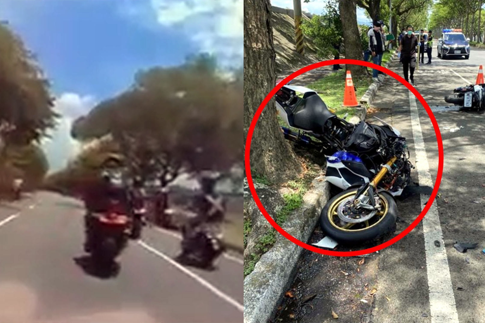 实拍台湾网红重机车骑士抬头失控撞树不幸当场身亡