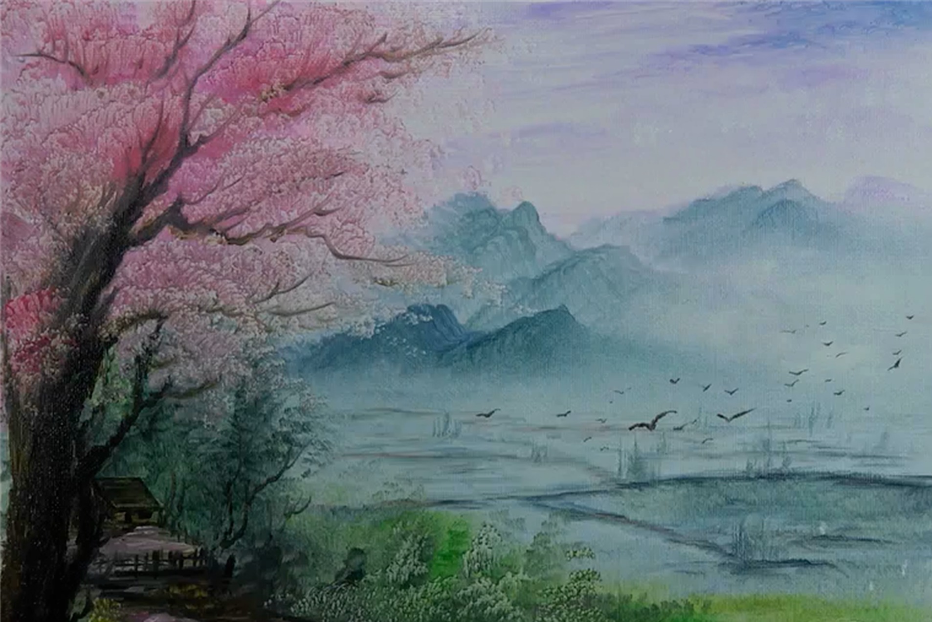 刀画《田园人家》，满树桃花让人感受到了初春的气息，来看画法吧
